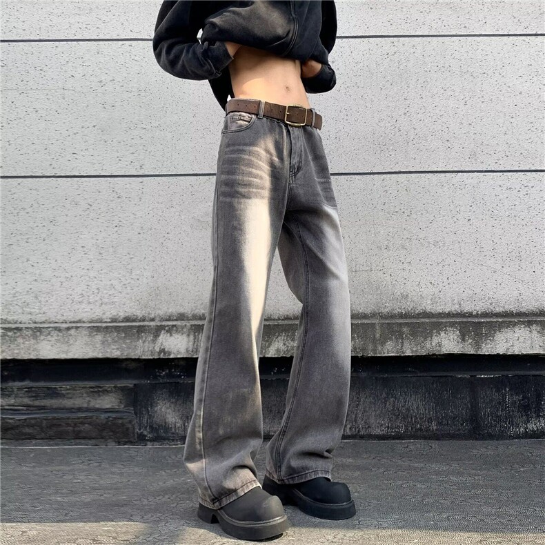 做旧牛仔裤男美式vibe高街宽松直筒裤水洗设计感微喇裤N60211-p48,男装牛仔裤,星座1008