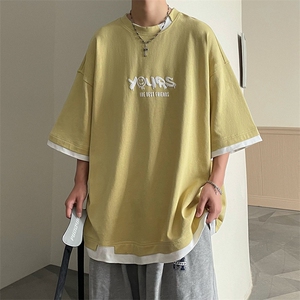 B225-T9358-P40-X55-全棉-撞色-印花 重磅假两件纯棉夏季休闲体恤图片