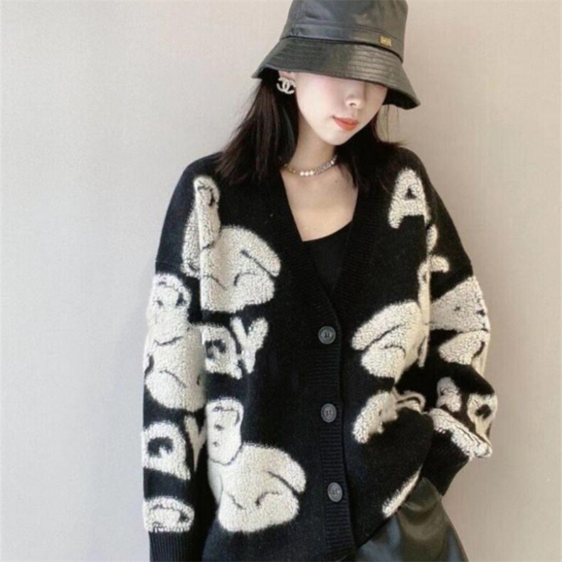 圆领小熊针织开衫女宽松慵懒风长袖上衣百搭,女装羊毛衫,千御纺羊绒