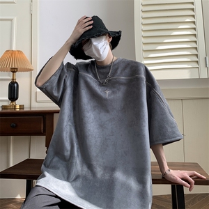 短袖男T恤麂皮绒小众设计感大码日系复古美式1016-1 T161 P45 K70图片