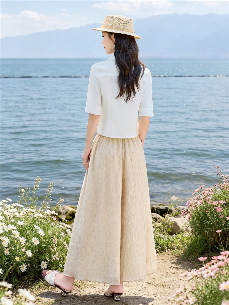 轻熟风时尚小翻领印花衬衫套装女2026夏气质上衣裙裤两件套,女装套装/套裙,水衣源