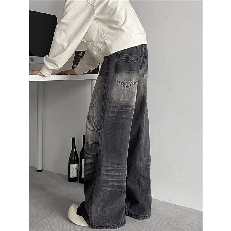 美式高街设计感做旧牛仔裤男潮牌宽松小众直筒阔腿裤子L76411-p63，男装牛仔裤，星座1008