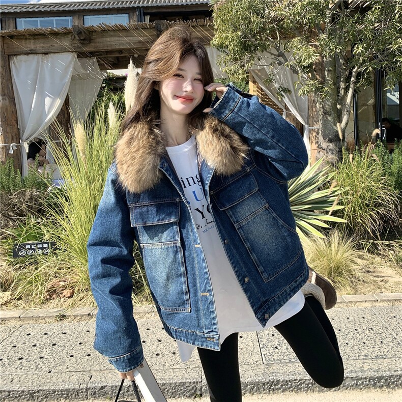 美式复古毛领羽绒内胆牛仔外套女中长小个子派克新款2025年冬季，女装羽绒服，艾米莉亚
