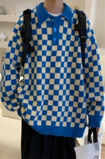 新款翻领棋盘格毛衣慵懒风宽松套头polo领针织衫现货M326-P44，男装针织衫/毛衣，星座512-4