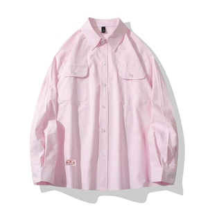 B413-1-DX6010港风复古长袖条纹衬衫男女潮牌宽松休闲工装衬衣服图片