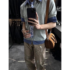 得物抖音高品质二开夏季美式潮牌高街假两件格子衬衣翻领短袖T恤，男装T恤，电商A486