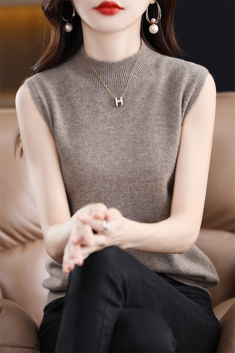 一线成衣黑色复古半高领内搭背心打底衫羊毛无袖25年春夏薄款毛衣,女装背心吊带,片语羊绒
