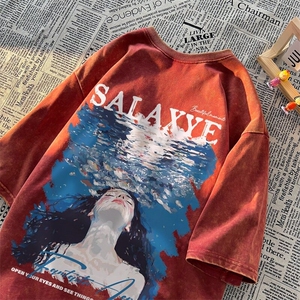 潮牌宽松短袖t恤蜡染美式复古高街水洗做旧517A-2-SX302-P38图片