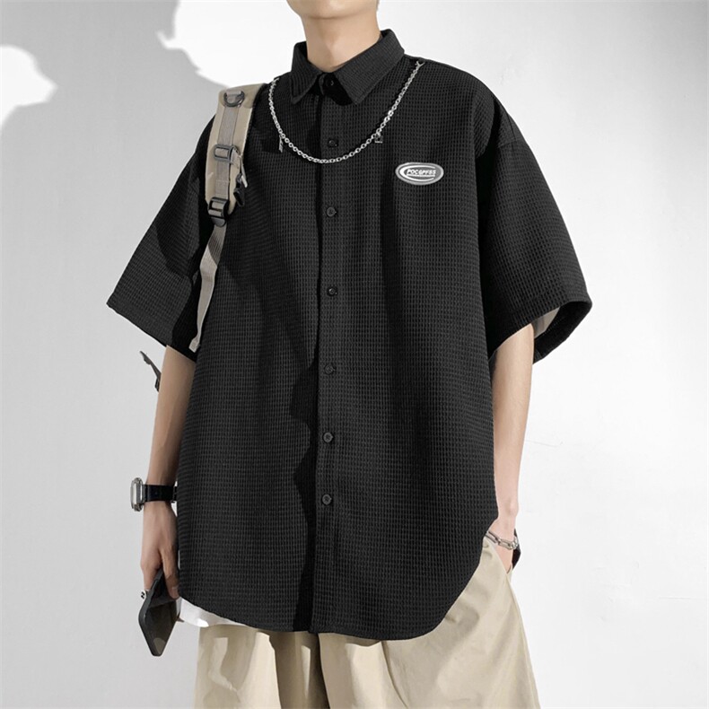夏季美式复古含项链休闲衬衣华夫格短袖衬衫男装外套W7267-P35,男装衬衫,星座512-2
