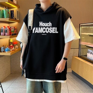 C510P38日系少年感假两件短袖T恤男夏季宽松青少年连帽套图片