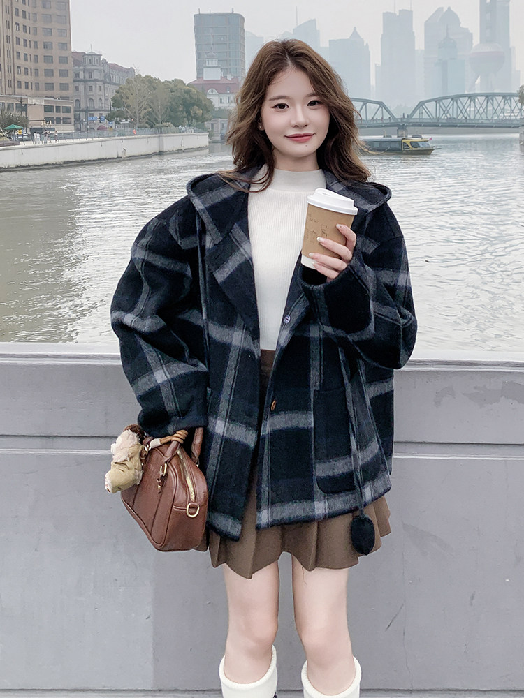 格子连帽双面呢羊毛大衣女冬小个子宽松短款毛呢外套,女装毛呢外套,浙宝099