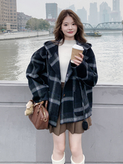 格子连帽双面呢羊毛大衣女冬小个子宽松短款毛呢外套，女装毛呢外套，浙宝099
