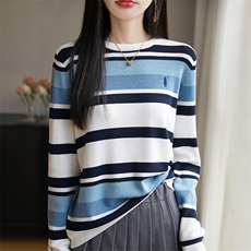 春秋圆领精纺羊毛衫女刺绣条纹针织长袖毛衣宽松休闲拼色打底上衣，女装羊毛衫，暖烁羊绒