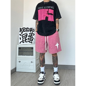港风 纯棉320G重磅水洗做旧发泡印花短裤A014-DY2379-P45控58图片