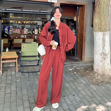 红衬衫套装裤女春秋2025新款韩系减龄穿搭松弛感休闲两件套，女装套装/套裙，2C301