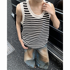 C381-P30夏季复古镂空潮牌上衣2024新款条纹针织无袖背心男现货，男装背心/马甲，星座512-6