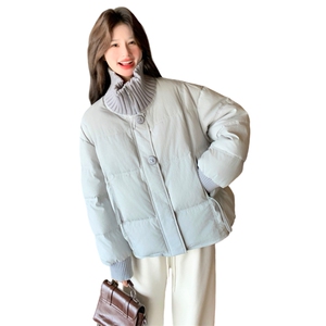 超好看蓝色针织拼接立领短款羽绒服女2025冬韩系甜美90白鸭绒外套图片