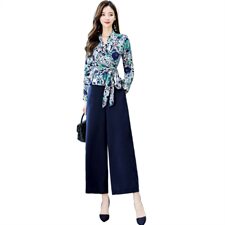 2021年秋季新款时尚潮流印花气质阔腿裤套装两件套女，女装套装/套裙，天丝秀