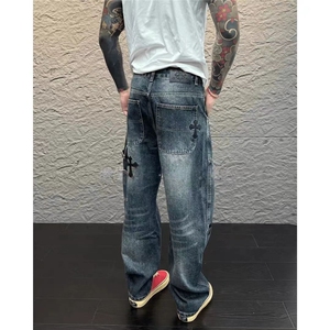 1506-1/KT3371/P56潮牌个性十字架拼皮显瘦牛仔裤时尚新款男生,a字裙搭配什么靴子图片