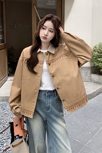 高级小众民族风设计驼色短外套女2025春秋超火好看休闲工装夹克图片