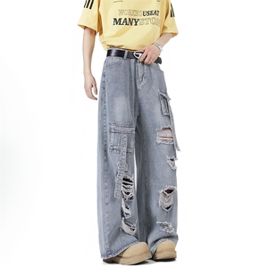 破洞工装牛仔裤男女春秋夏设计感水洗多口袋阔腿拖地裤NK062-P63图片