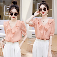 2023新款纯色荷叶边上衣女夏季温柔风V领短袖雪纺衫显瘦百搭气质衬衫，女装蕾丝衫/雪纺衫，艾仟回(原伊仟回)
