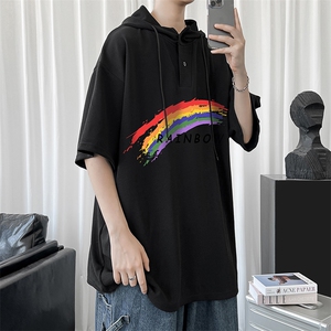 LD54064-P45 连帽短袖t恤男大码胖子带帽五分袖中袖图片