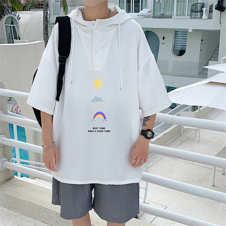 LD54141-P45连帽短袖t恤男大码胖子带帽五分袖中袖,男装T恤,电商A040