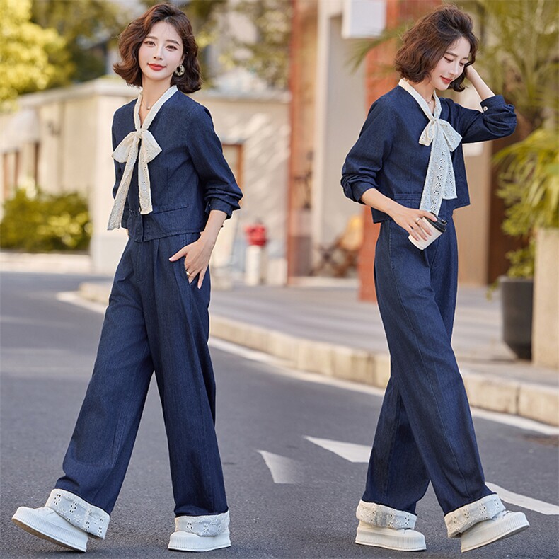 早秋穿搭一整套蝴蝶结牛仔套装女2024新款高腰小香风阔腿裤两件套,女装套装/套裙,橙子家