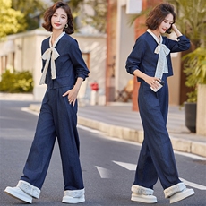 早秋穿搭一整套蝴蝶结牛仔套装女2024新款高腰小香风阔腿裤两件套，女装套装/套裙，橙子家