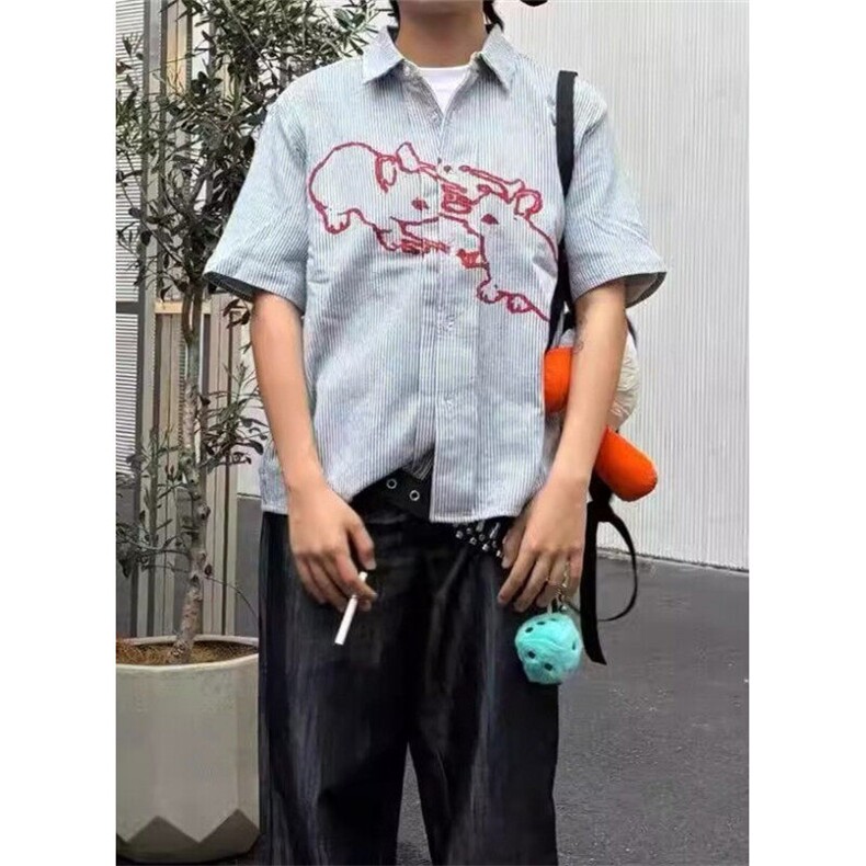 短袖衬衫男女夏季新款兔子印花条纹衬衣外套小众上衣CA6716,男装T恤,星座1116A（原606A-3）