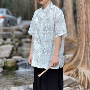 风新中式男装2026夏季大码立领竹叶棉麻印花衬衫CS35-P65-控88图片