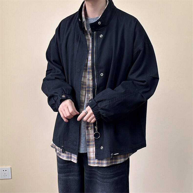 现货水洗棉立领夹克韩版宽松工装休闲外套港风抽绳A114-P90,男装夹克,电商A351