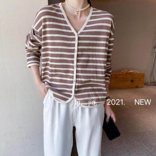 条纹宽松针织开衫，其它，她家