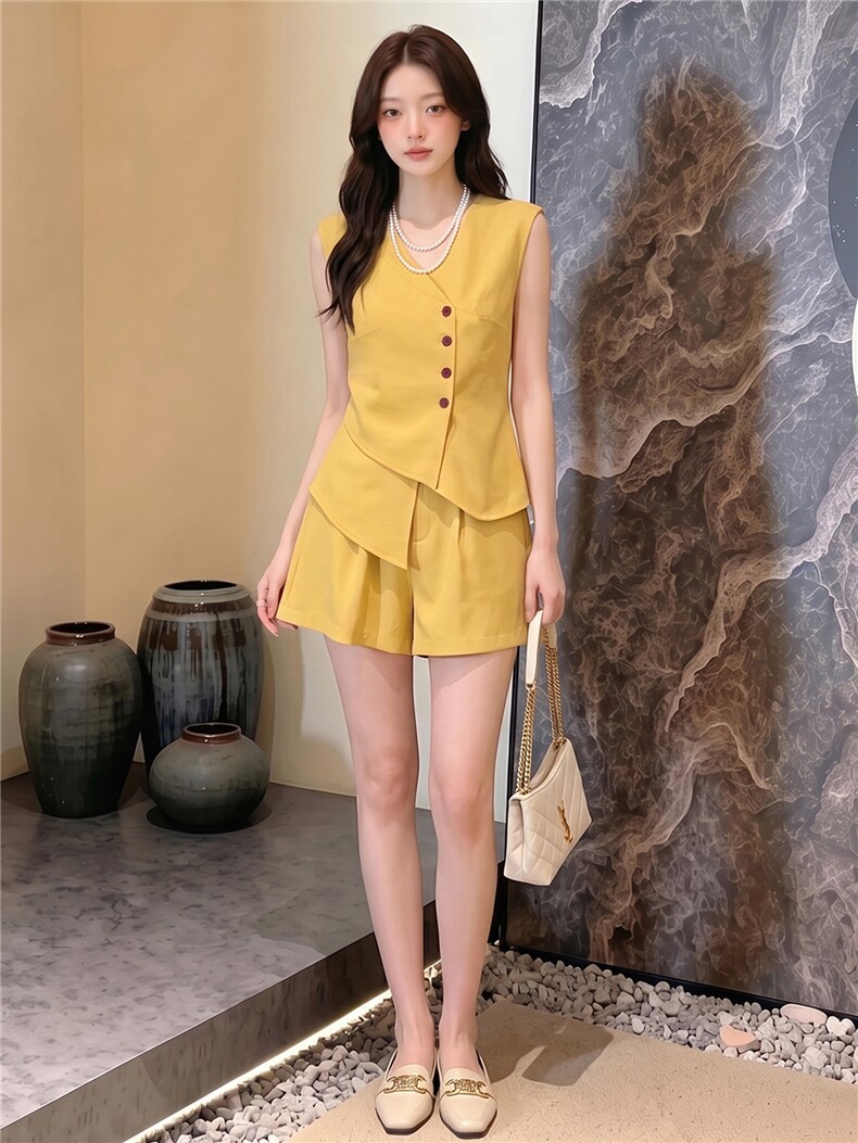 时尚气质减龄套装女夏季新款不规则无袖马甲上衣阔腿短裤两件套潮,女装套装/套裙,江南