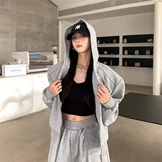 cleanfit短款垫肩开衫卫衣男女高级感痞帅连帽衫美式外套ZF36P66，女装短外套，星座1112-1