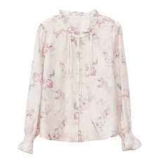 2026春新款新中式印花衬衫女长袖盘扣喇叭袖花边领衬衣，女装衬衫，板酷