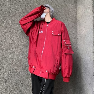 美式复古红色飞行员夹克男宽松潮牌工装情侣棒球服外套春秋季图片