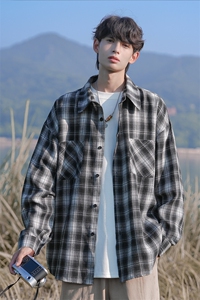 美式复古格子翻领长袖衬衫男秋季日系潮牌慵懒风宽松痞帅衬衣外套图片