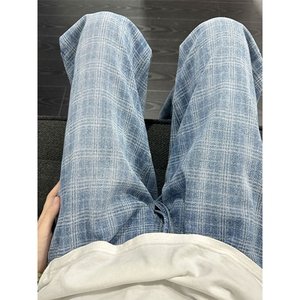 1014-1:KZ6623 P40  条纹割破牛仔裤宽松阔腿垂感裤松紧腰长裤子图片