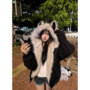 现货重磅硬挺boxy羽绒棉衣座山雕猫耳大毛毛领麂皮棉服冬外套图片