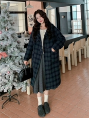 深蓝色复古格纹双面呢连帽大衣女2025冬学院风宽松休闲中长款外套，女装毛呢外套，慧尚依恋