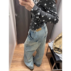 竹节纹牛仔裤女宽松直筒裤子美式覆古阔腿裤垂感长裤男NZX36，男装牛仔裤，星座516A