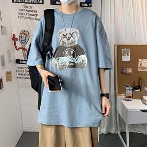 2021港风圆领青春休闲大码运动日系原宿潮流男士短袖宽松718F25图片