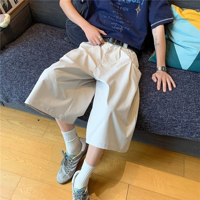 夏季日系复古简约纯色五分西裤男女学院风宽松阔腿坠感休闲短裤,男装牛仔裤,星座601-1