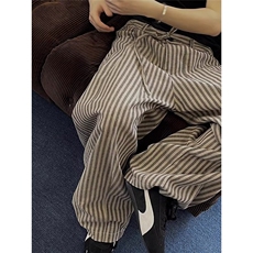 日系复古慵懒松宽松竖条纹休闲裤男女百搭潮牌直筒拖地裤BA20-P53，男装休闲裤，星座208-5