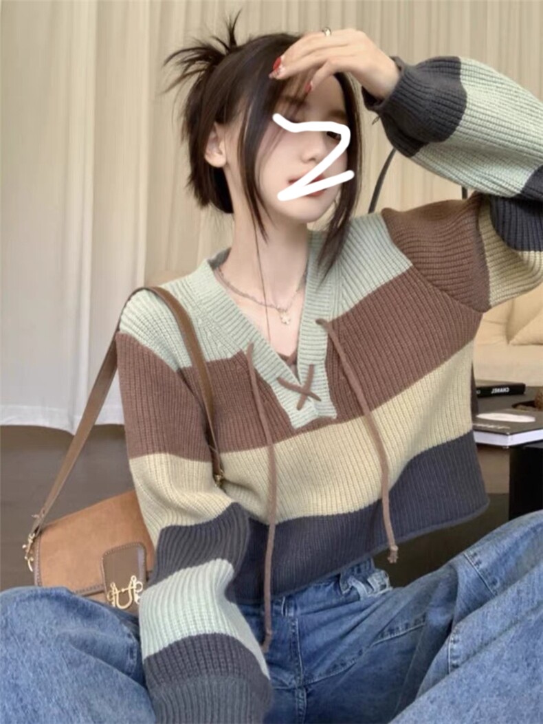 女士条纹撞色V领羊毛衫羊毛秋冬保暖柔软舒适,女装羊毛衫,千御纺羊绒