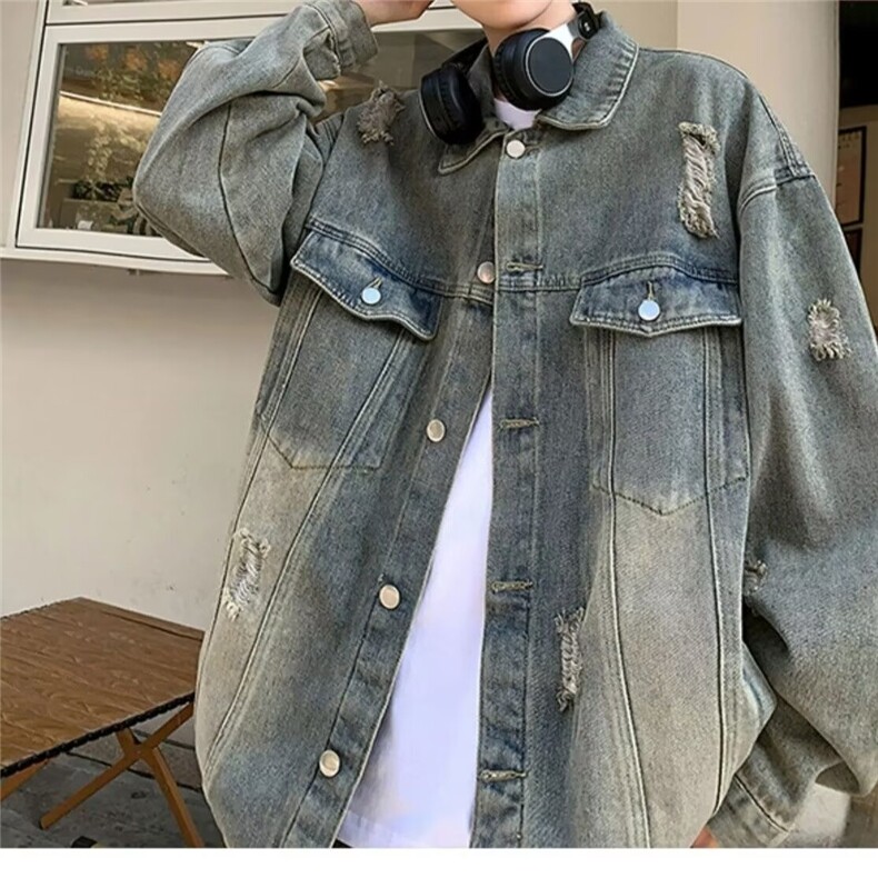 美式高级感水洗破洞牛仔外套男春秋痞帅夹克潮牌JK310-P60,男装工装外套,星座208-5