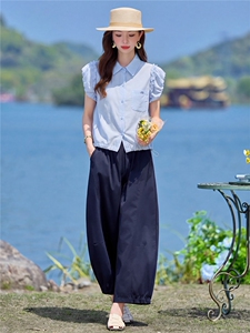 2026年夏季新款木耳边甜美衬衫阔腿裤两件套套装女图片