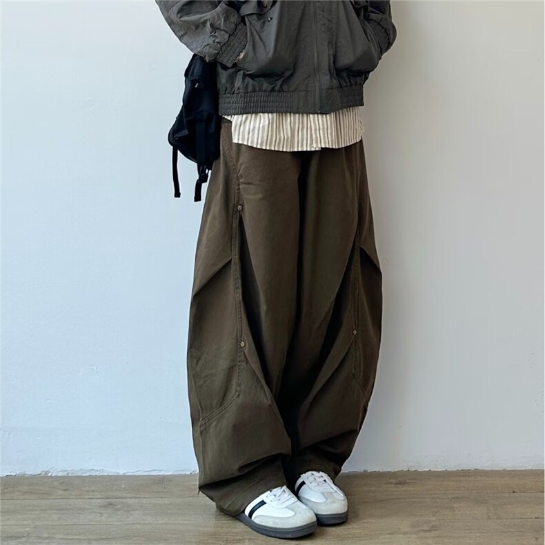 美式立体褶皱设计伞兵裤男潮流老钱风宽松直筒微喇阔腿休闲裤,男装休闲裤,星座506A